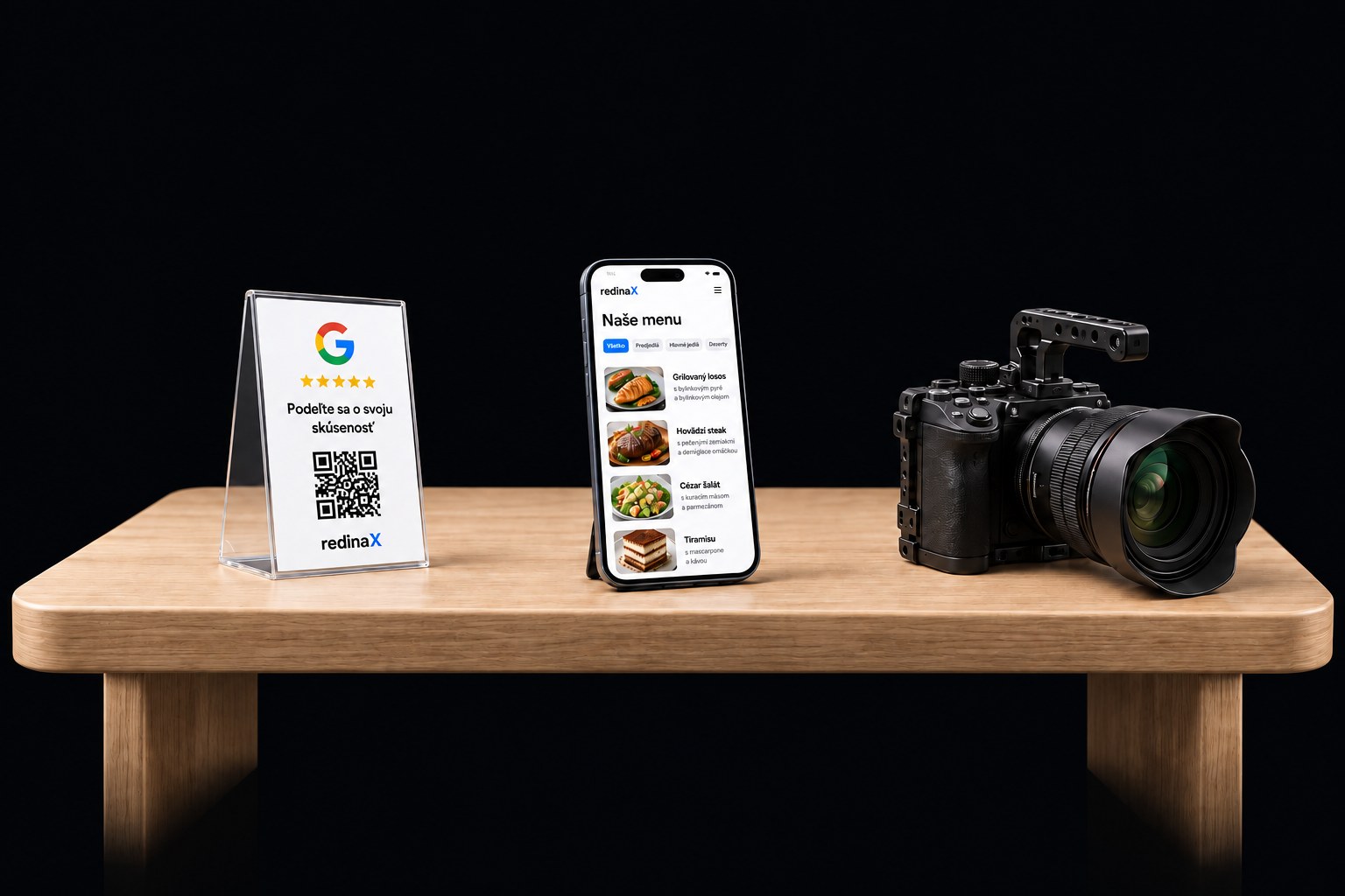 Svetlý drevený stôl s hrubou doskou a podperami, stojan na Google recenzie, mobil s menu a profesionálna kamera.